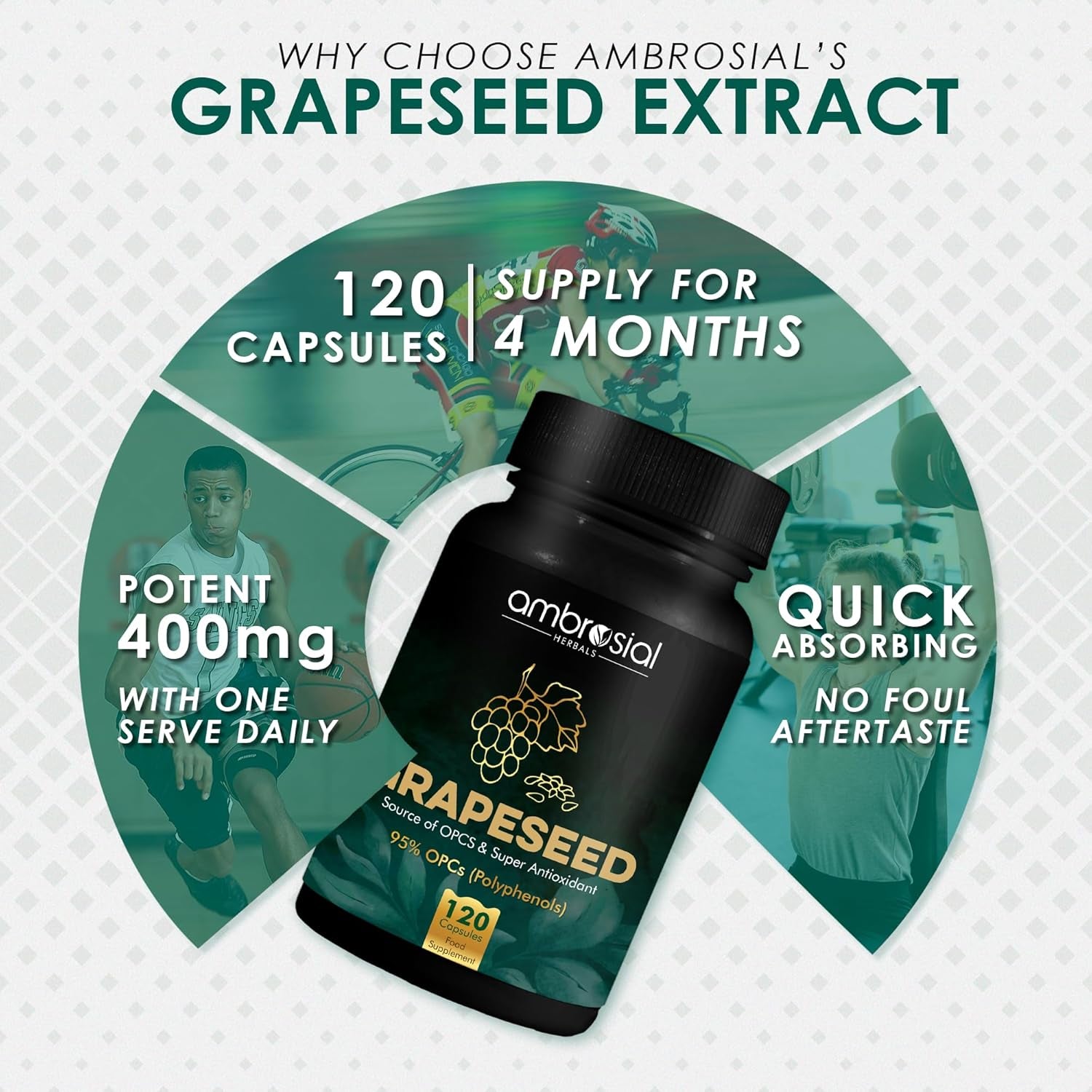 Ambrosial Grape Seed Extract Capsules | 95% Opcs Polyphenols | High Strength Grape Seed Supplement | Strong Antioxidant | Pack of 1-120 Vegan Capsules