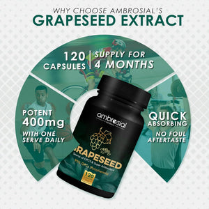Ambrosial Grape Seed Extract Capsules | 95% Opcs Polyphenols | High Strength Grape Seed Supplement | Strong Antioxidant | Pack of 1-120 Vegan Capsules