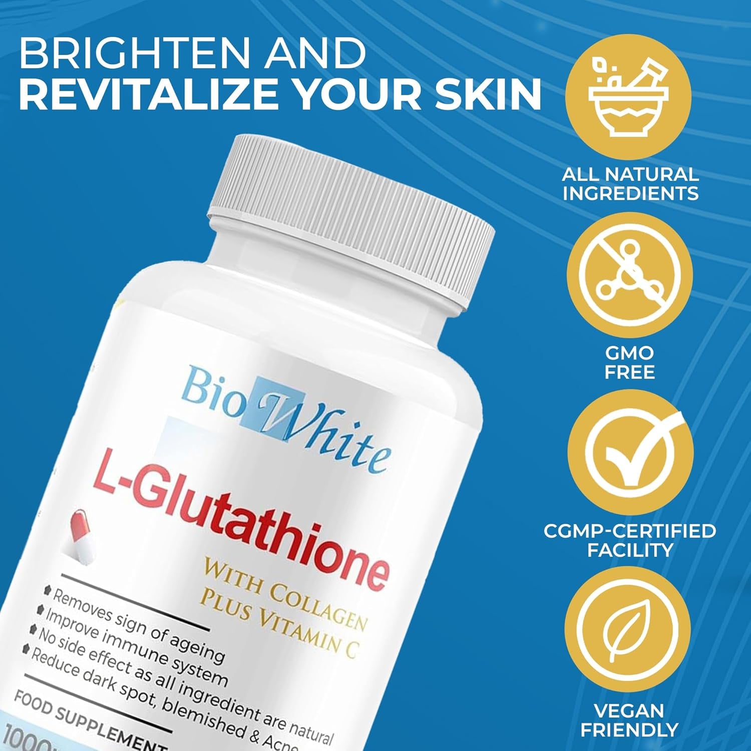 Bio White Glutathione Supplement - Natural Skin Whitening Anti-Aging Benefits and Improves Immunity, L-Glutathione Pills for Men & Women - Pure Antioxidant, 60 Capsules (1000Mg)