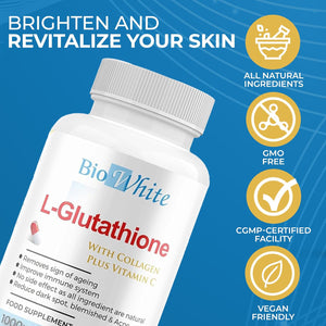 Bio White Glutathione Supplement - Natural Skin Whitening Anti-Aging Benefits and Improves Immunity, L-Glutathione Pills for Men & Women - Pure Antioxidant, 60 Capsules (1000Mg)
