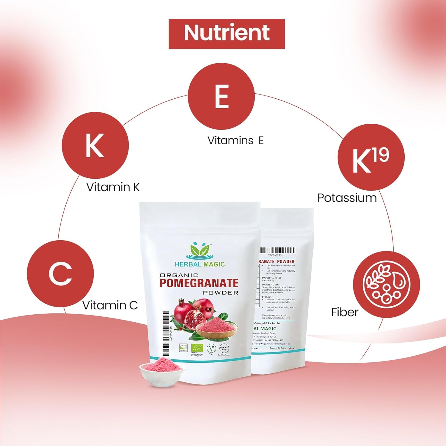 Herbal Magic'S Organic Pomegranate Fruit Powder, Spray Dried - Rich & Vibrant Smoothies, Shakes, Juices, Baking - Free from Artifical Flavour & Preservatives - 100G(Pack-1)