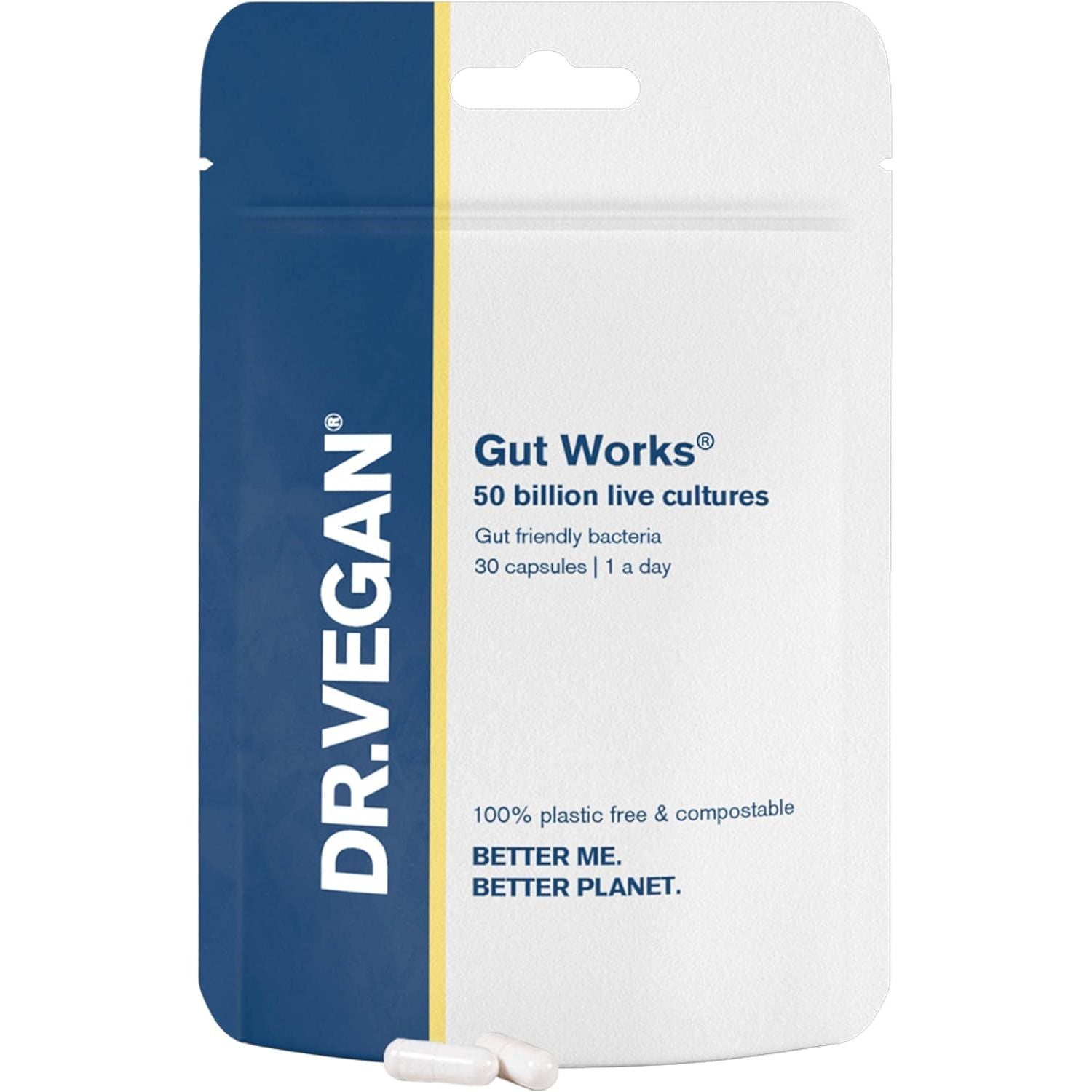 Gut Works® | 6 Prebiotics and Probiotic Strains | 50 Billion CFU Bacteria Live Cultures | Daily Support for Gut Health | 30 Vegan Capsules | One-A-Day | Dr.Vegan