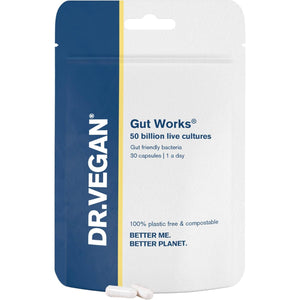 Gut Works® | 6 Prebiotics and Probiotic Strains | 50 Billion CFU Bacteria Live Cultures | Daily Support for Gut Health | 30 Vegan Capsules | One-A-Day | Dr.Vegan