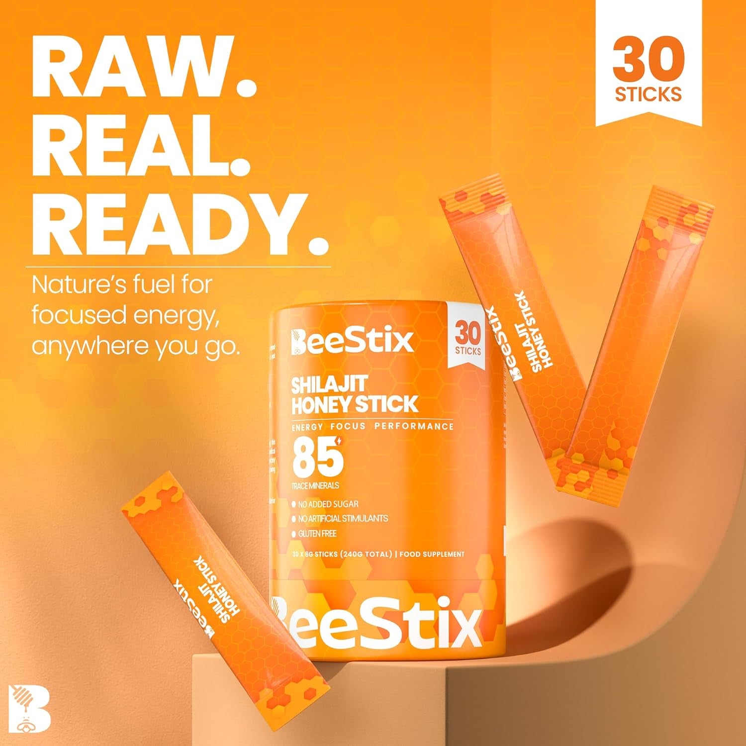 Beestix Pure Himalayan Shilajit Honey Sticks with Organic Honey & Cinnamon | 85+ Trace Minerals for Energy, Focus & Performance Support for Men & Women | 75%+ Fulvic Acid | 30 Sticks