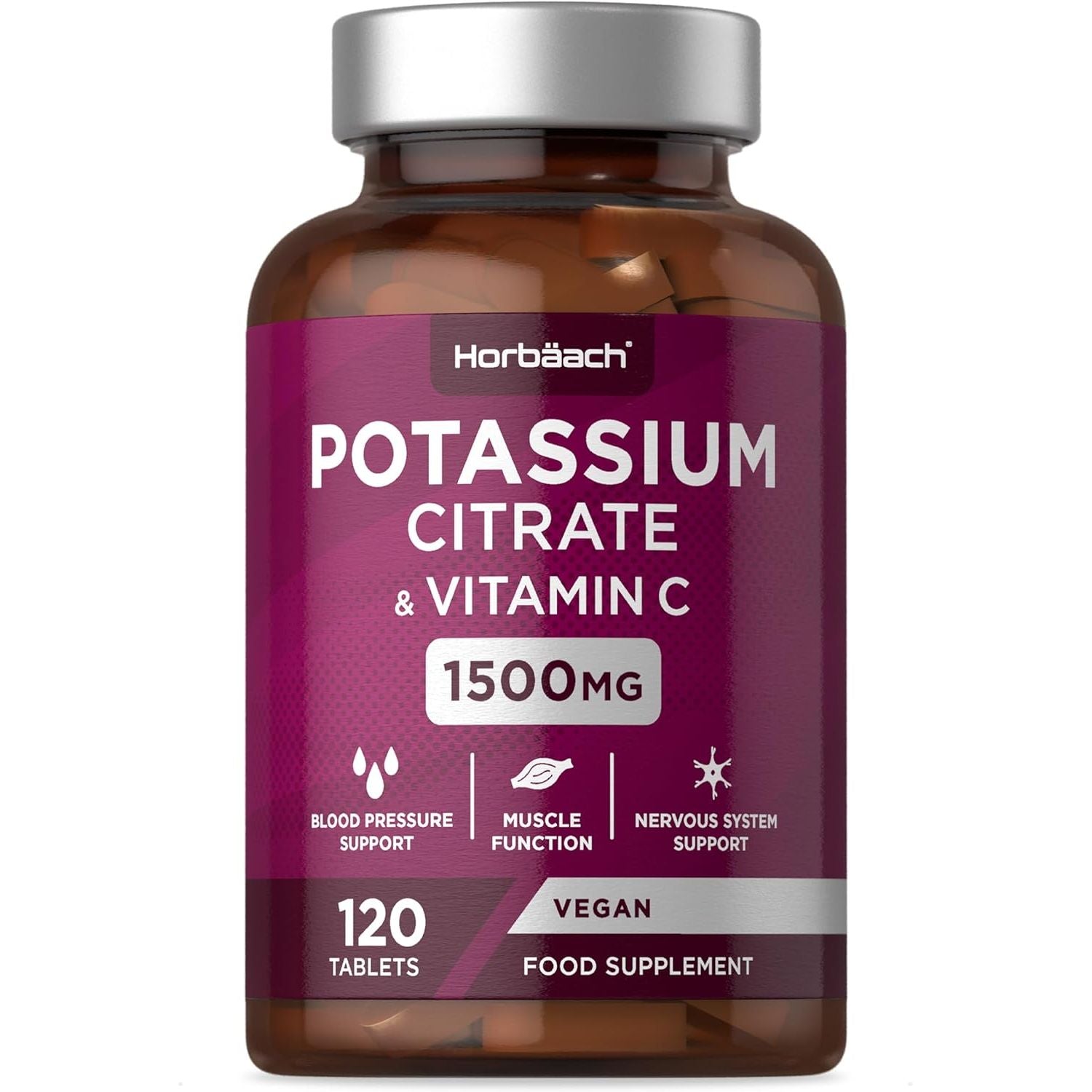 Potassium Supplement High Strength 1500Mg with Vitamin C | Electrolyte Tablets | Potassium Citrate | 120 Count | 100% Vegan | by Horbaach