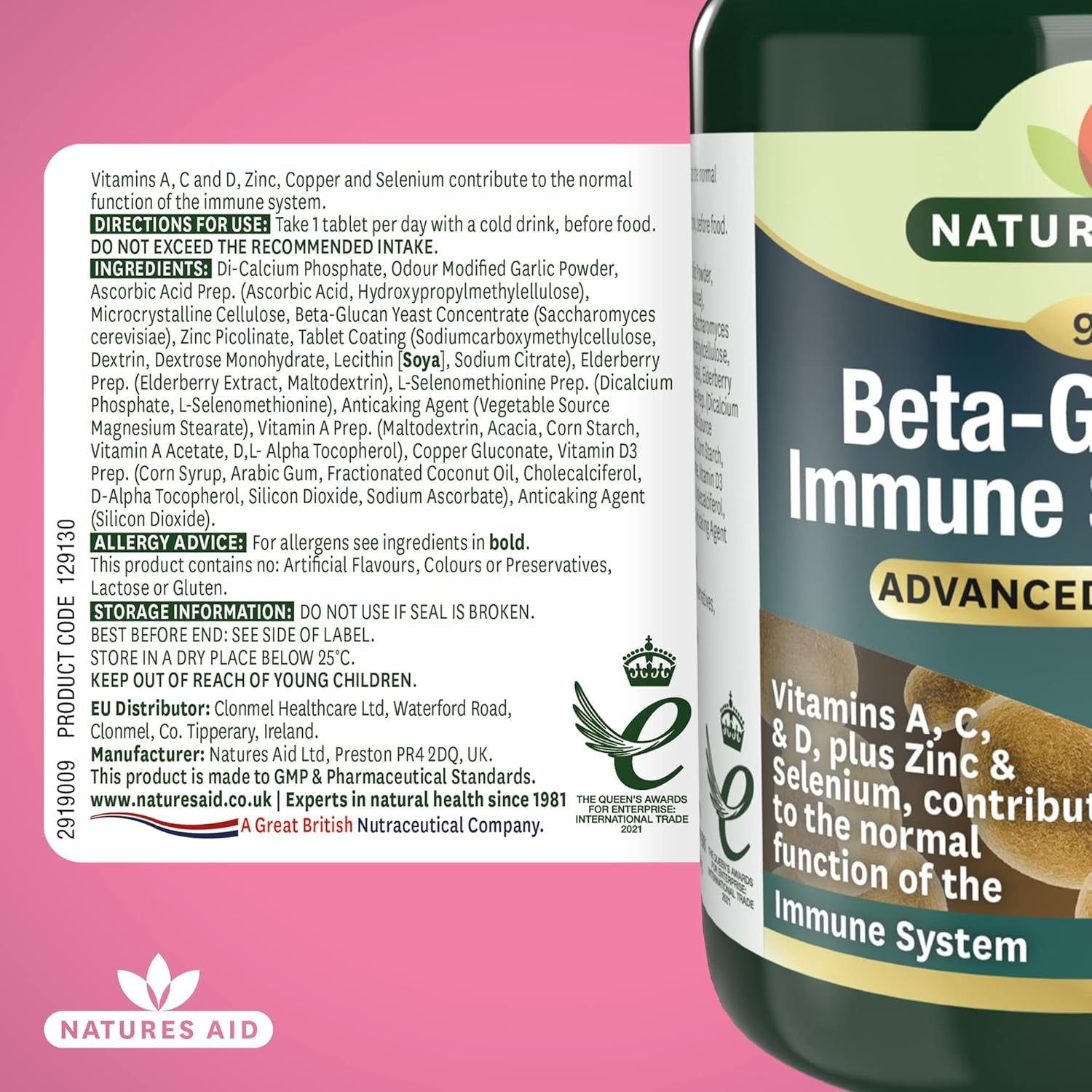Natures Aid Beta Glucans Immune Support Supplement - Vitamin C, D3, A, Zinc, Selenium, Garlic & Elderberry - Immune System Support for Adults - Vegan, Gluten Free, Non-Gmo - 90 Tablets