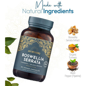 Ayurvediq Boswellia Serrata and Turmeric with Black Pepper Piperine Capsules – 60 Vegan Organic Turmeric Curcumin Capsules a Natural anti Inflammatory Supplement Joint Support - Ayurvedic Products