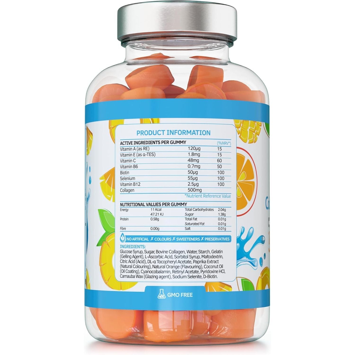 Collagen Complex - 90 Natural Orange Flavour Chewable Yummy Gummies - One a Day 500Mg Bovine Collagen, Biotin, Vitamin C, Selenium, Vits B6 and B12 – Healthy Skin and Hair for Men and Women – UK Made