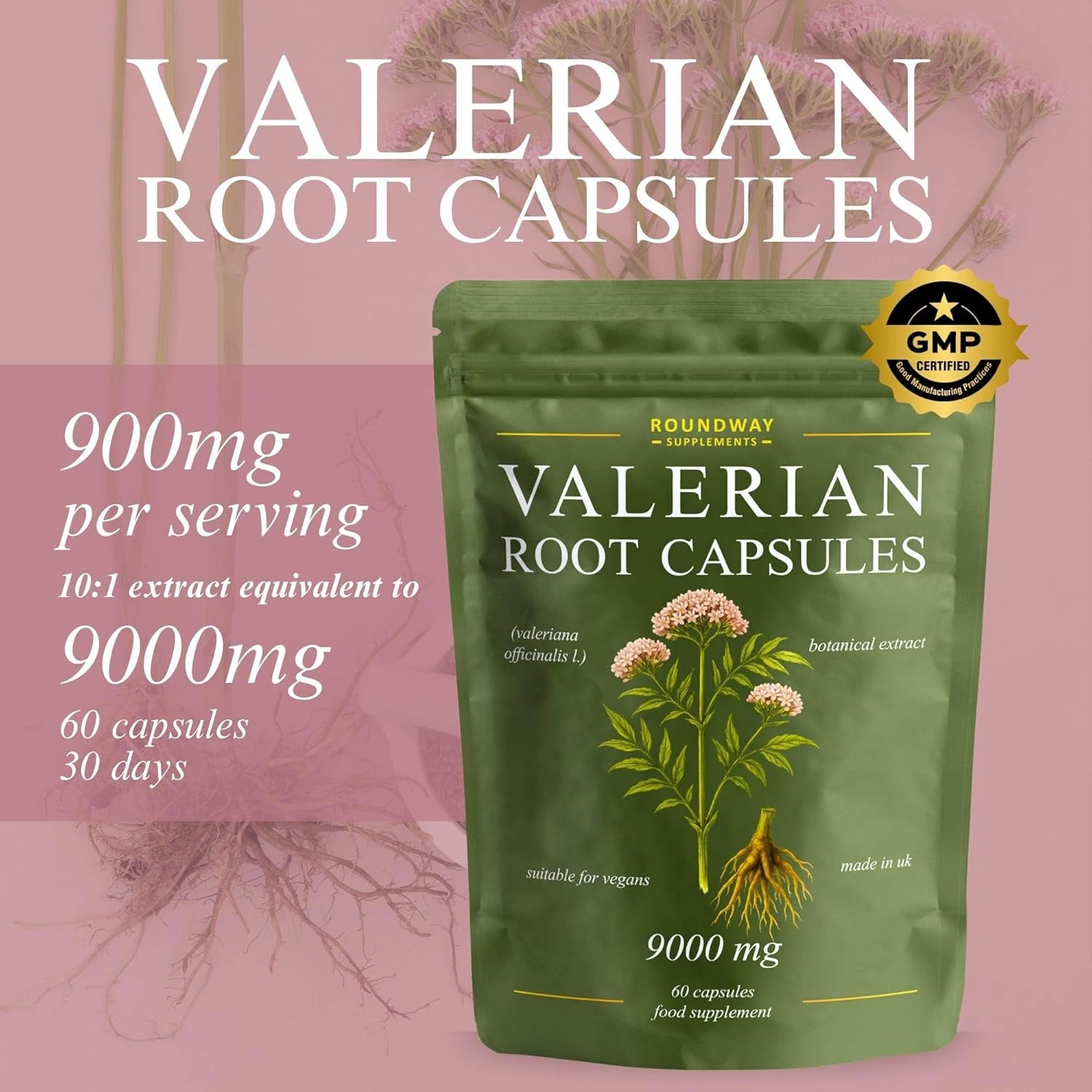 Valerian Root | 9000Mg High Strength Extract Capsules for Sleeping & Relaxation | 60 Capsules, Not Tablets | 1 Month Supply | Made in the UK by Roundway Supplements