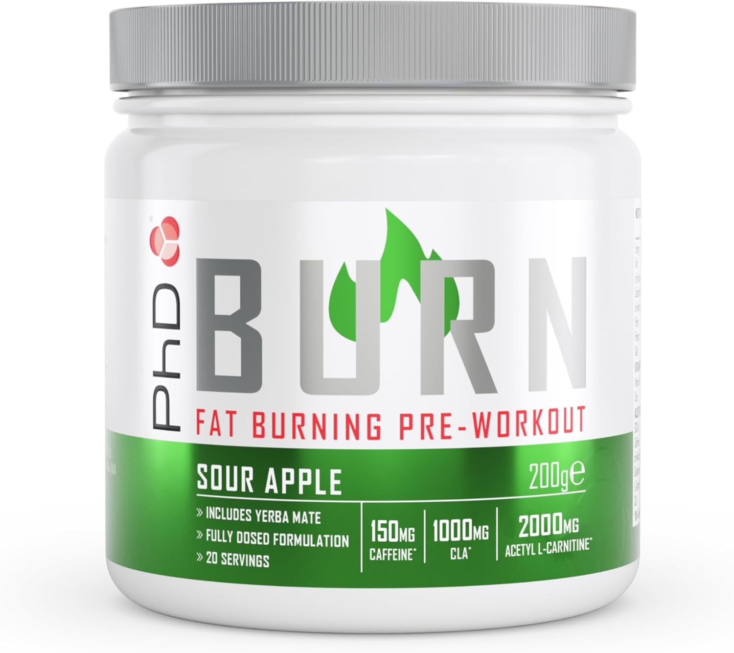 Phd Burn Pre Workout Powder with L Carnitine for Women and Men, Rich in CLA, High Caffeine for Pre-Workout, Sour Apple Flavour, 20 Servings (200G)