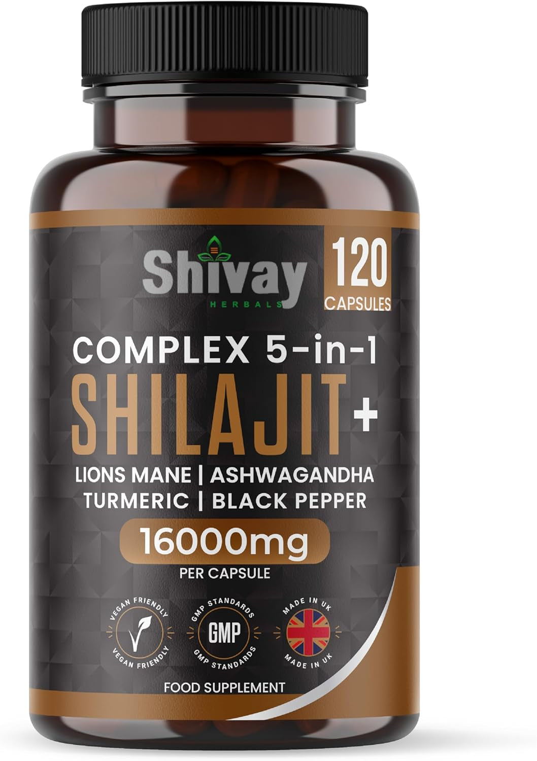 Shilajit 16000Mg Complex 5 in 1 with Ashwagandha + Lions Mane | 120 Vegan Capsules - 4 Month Supply | High Strength Pure Himalayan Shilajit | Rich in Fulvic Acid | Made in UK by Shivay Herbals
