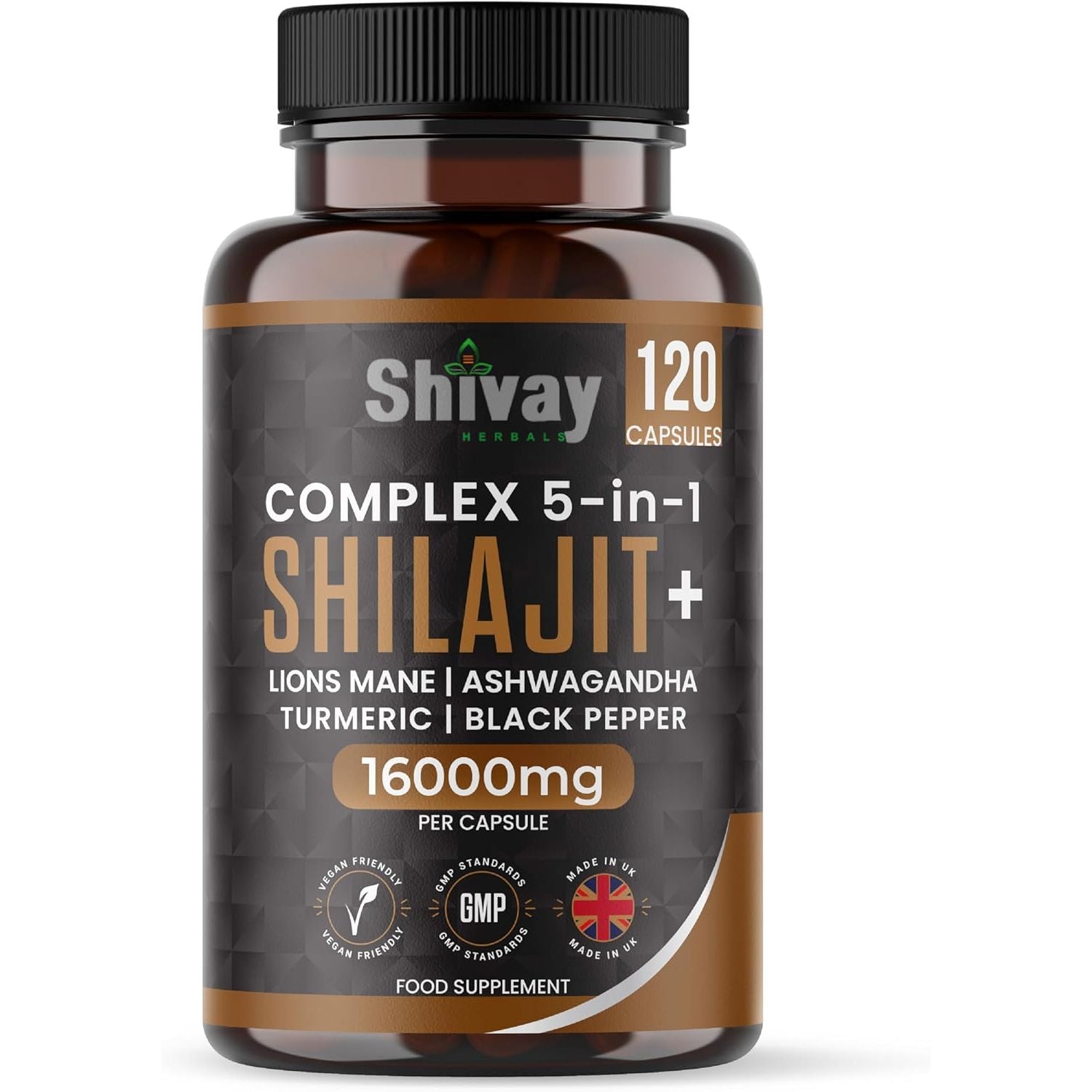 Shilajit 16000Mg Complex 5 in 1 with Ashwagandha + Lions Mane | 120 Vegan Capsules - 4 Month Supply | High Strength Pure Himalayan Shilajit | Rich in Fulvic Acid | Made in UK by Shivay Herbals