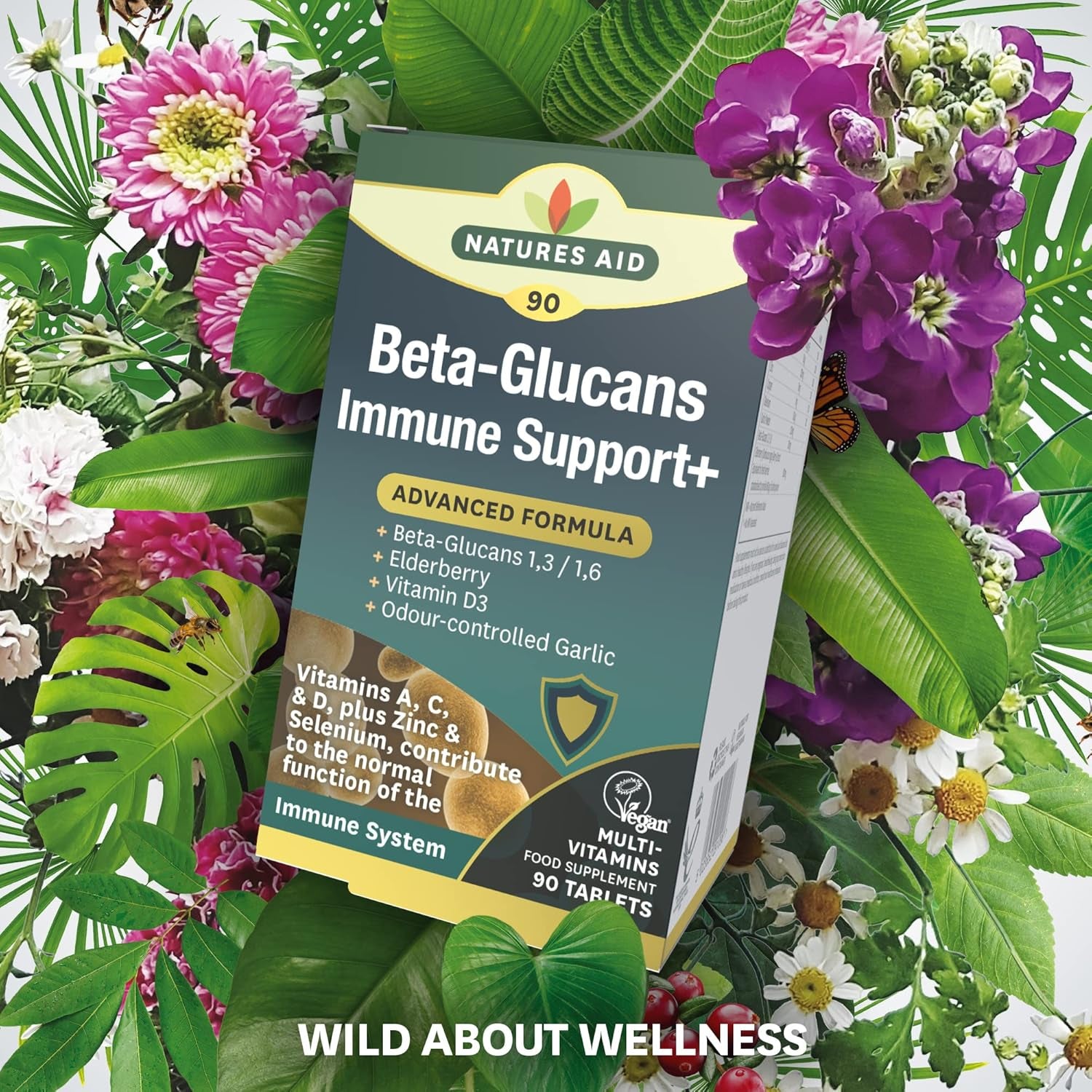 Natures Aid Beta Glucans Immune Support Supplement - Vitamin C, D3, A, Zinc, Selenium, Garlic & Elderberry - Immune System Support for Adults - Vegan, Gluten Free, Non-Gmo - 90 Tablets