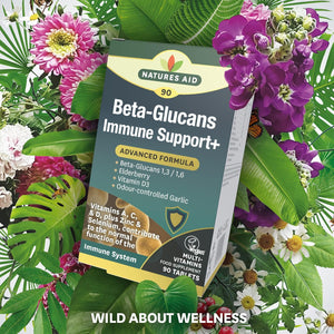 Natures Aid Beta Glucans Immune Support Supplement - Vitamin C, D3, A, Zinc, Selenium, Garlic & Elderberry - Immune System Support for Adults - Vegan, Gluten Free, Non-Gmo - 90 Tablets