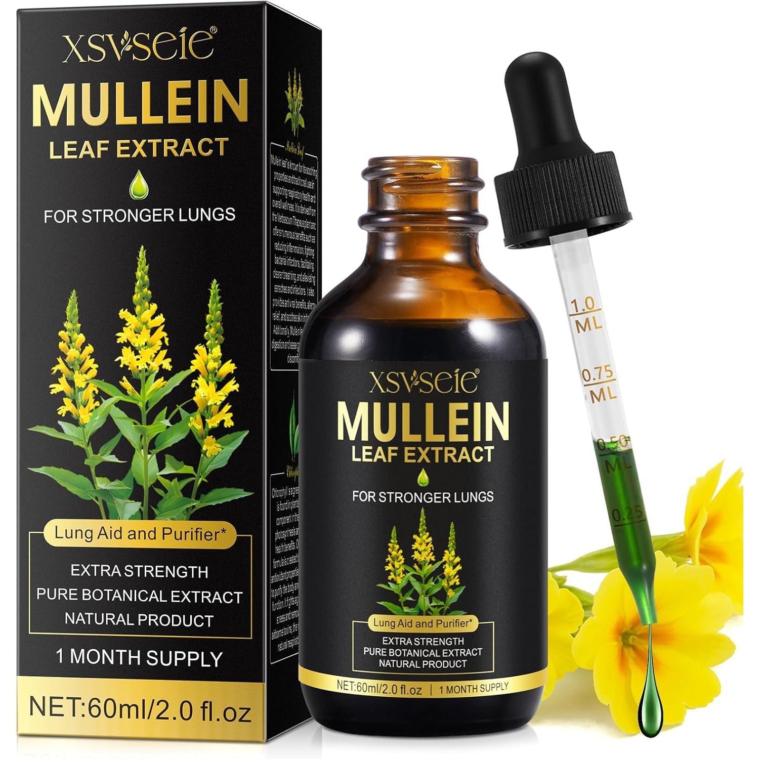 Mullein Leaf Extract for Lungs, Natural Mullein Drops for Lung Cleanse and Healthy Breathing, 1 Month Supply 60ML, Vegetarian, High Fast Absorption, Health Supplements, Cleanse and Respiratory Support