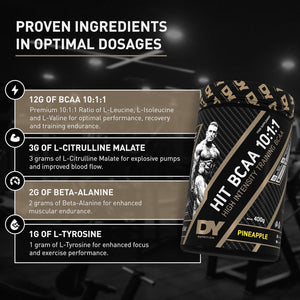 DY Nutrition HIT BCAA 10:1:1 (Orange) with L-Citrulline Malate, Beta Alanine + 12G of Branch Chain Amino Acids 400G Powder, 20 Servings - Optimal Pump & Performance | Non Stim Pre & Intra Workout