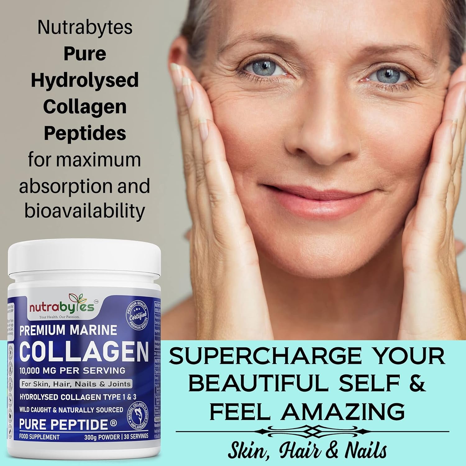 Marine Collagen Powder 10000Mg | Hydrolysed Collagen Peptides Type 1 & 3 with 19 Amino Acids for Skin, Hair, Nails & Joints | Unflavoured | Collagen Supplement for Women & Men | 30 Day Supply (300G)