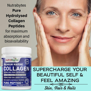 Marine Collagen Powder 10000Mg | Hydrolysed Collagen Peptides Type 1 & 3 with 19 Amino Acids for Skin, Hair, Nails & Joints | Unflavoured | Collagen Supplement for Women & Men | 30 Day Supply (300G)