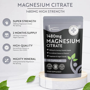 Magnesium Citrate 1,480Mg 120 Vegan Capsules 2 Months Supply - Providing 440Mg Elemental Magnesium per Serving - Magnesium Capsules Not Magnesium Tablets - High Strength Magnesium Supplement GMO Free