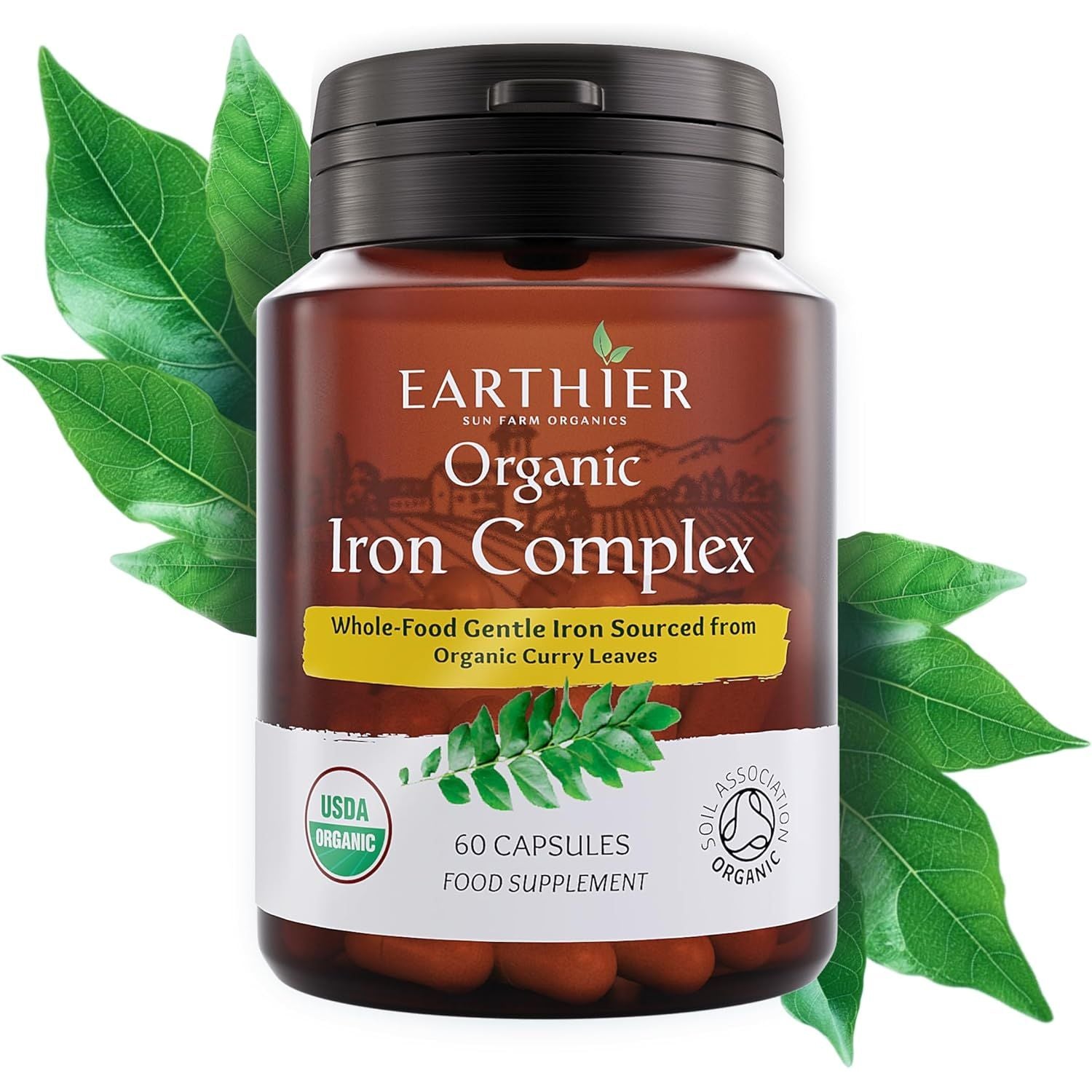 Earthier Organic Iron Whole Food Sourced & Certified by Soil Association 60 Capsules Vegan