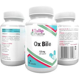 Ox Bile 125Mg 120 Capsules, 3Rd Party Lab Tested, High Strength Supplement, Gluten and GMO Free