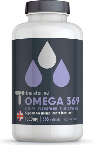Transforme Omega 3 6 9 Fish Oil 1000Mg 365 Capsules, Fish Oil, Flaxseed Oil & Sunflower Seed Oils, EPA, DHA, ALA, LA, Oleic Acid, 3 Softgel 3000Mg Serving, Gluten Free, UK Made