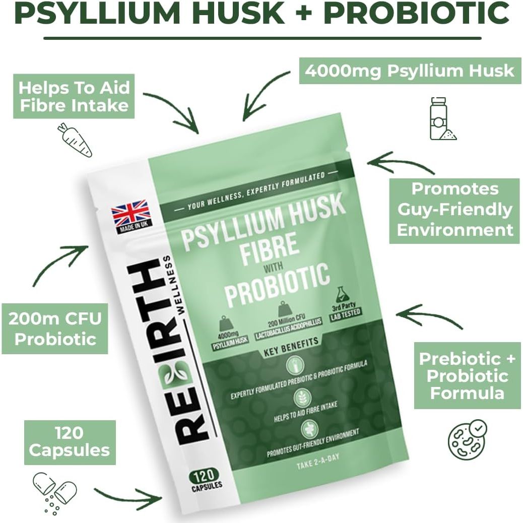 Psyllium Husk Fibre Supplement 4000Mg with Probiotic Acidophilus – 120 Capsules, High Fiber Supplement for Digestion & Gut Health,3Rd Party Lab Tested, UK Made by Rebirth Wellness