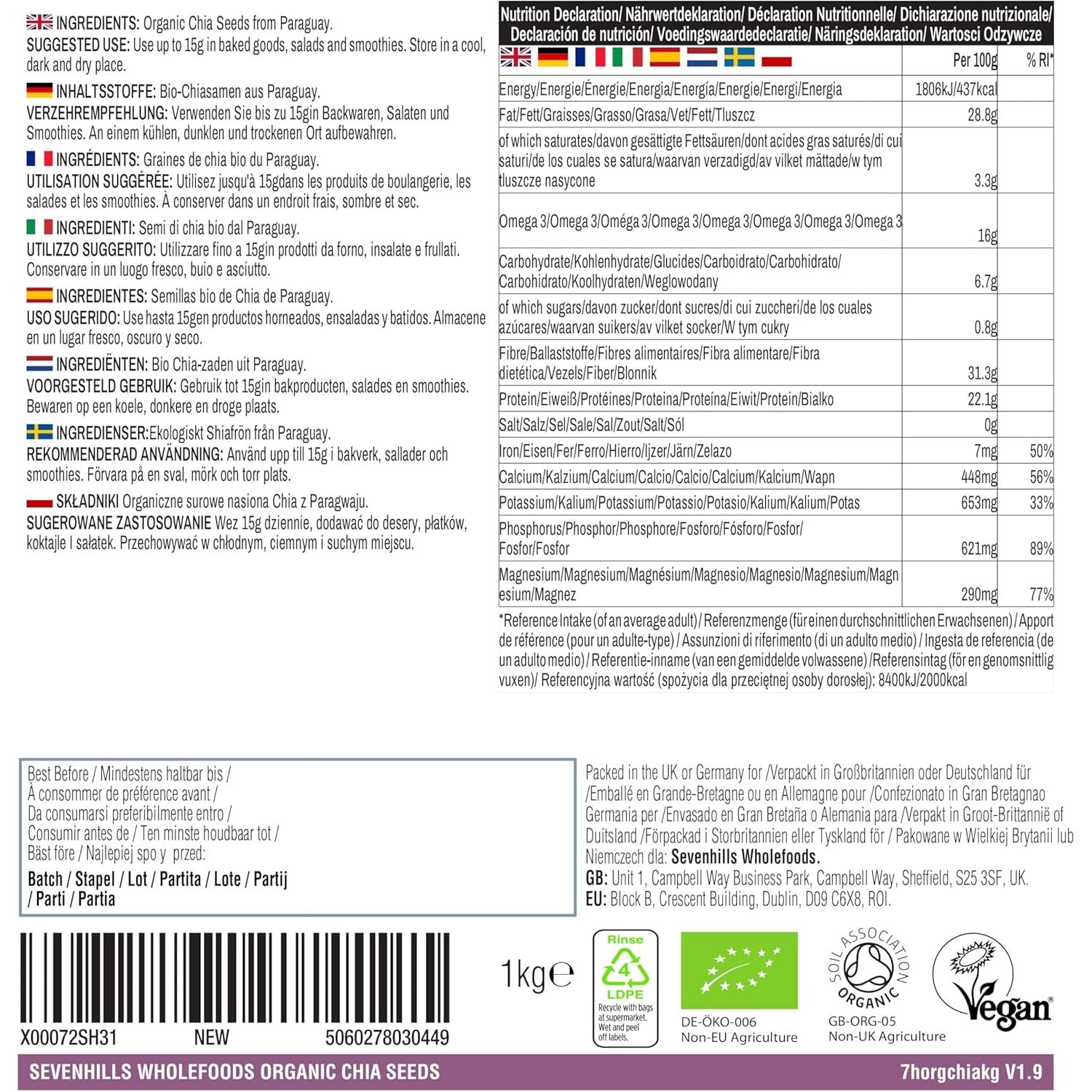 Sevenhills Wholefoods Organic Chia Seeds 1.8Kg