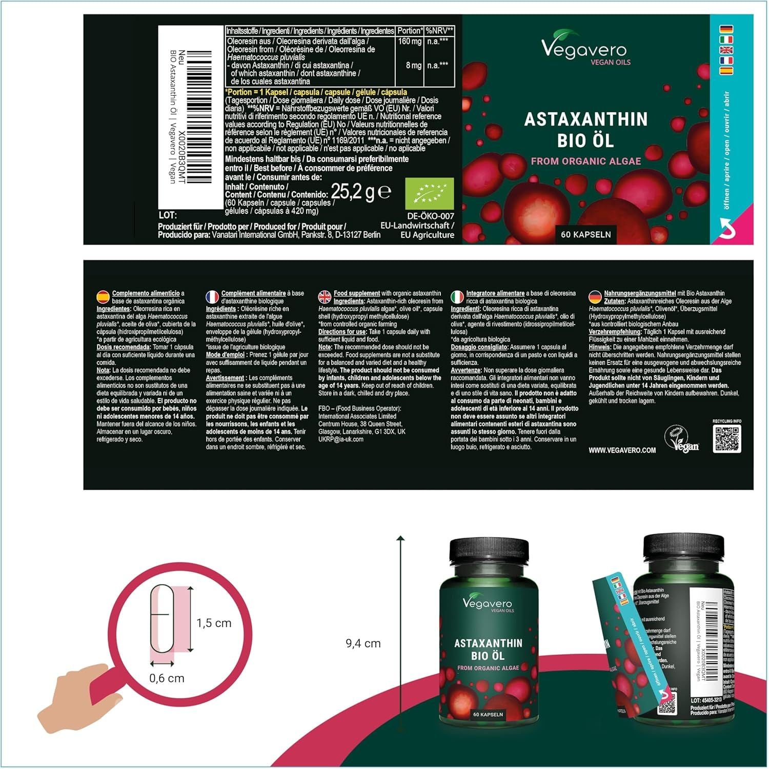 Vegavero Organic Astaxanthin 8 Mg | Natural Antioxidant Supplements | Highly Bioavailable | NO Additives, Lab-Tested | 60 Capsules | Vegan