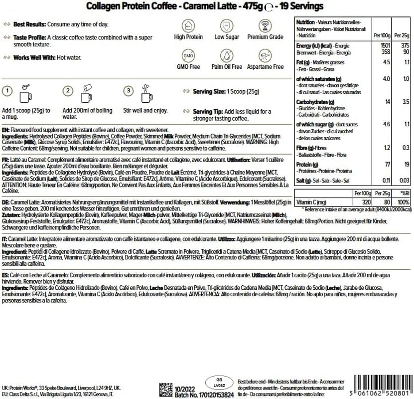 Protein Works - Collagen Protein Coffee, Bovine Collagen Powder, Premium Hydrolysed Collagen, Caramel Latte, 475G, 19 Servings