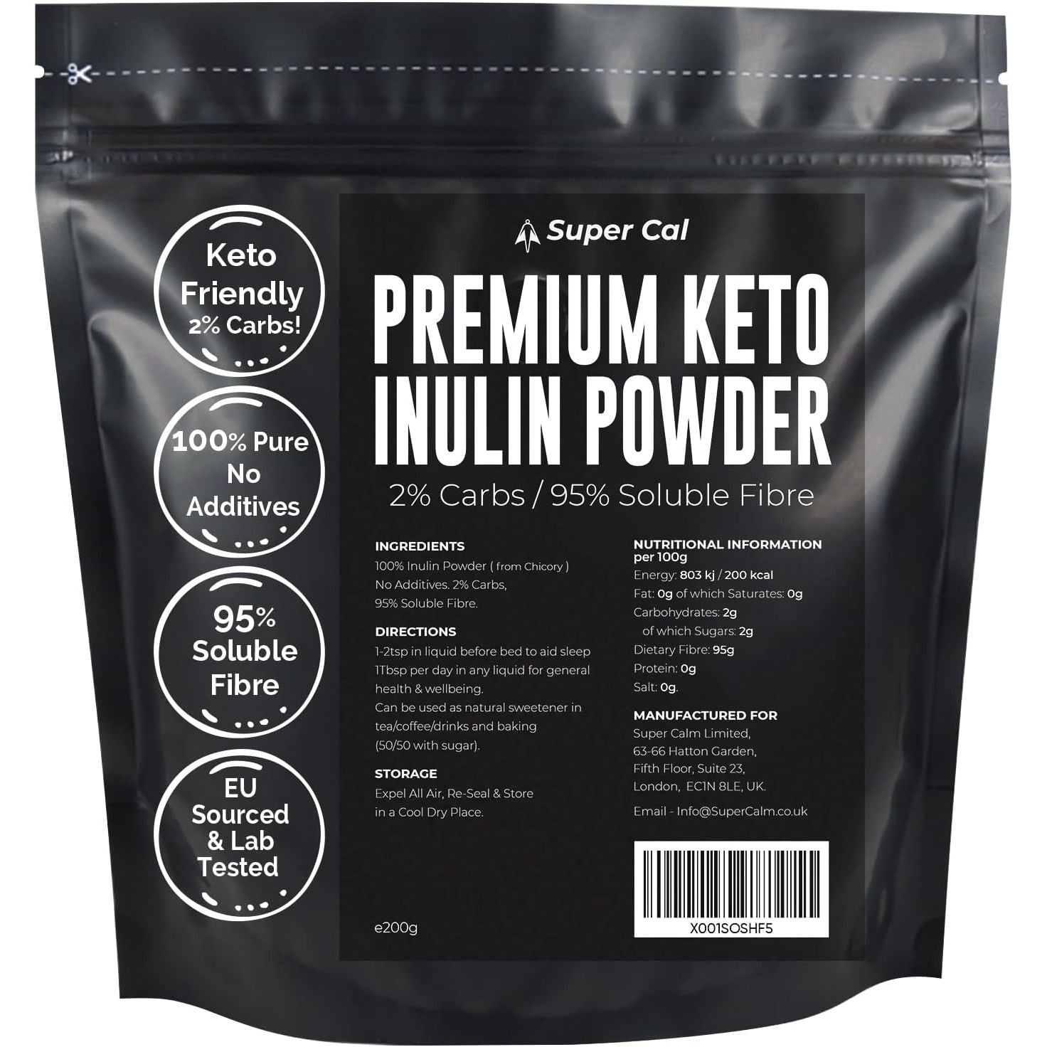 Super Cal Keto Inulin Powder 200G | 95% Fibre / 2% Carbs | Lab Tested Soluble Fibre Supplement | Great Sleep Supplement + Aids Gut Health | Pure Chicory Prebiotics Fiber - EU Sourced