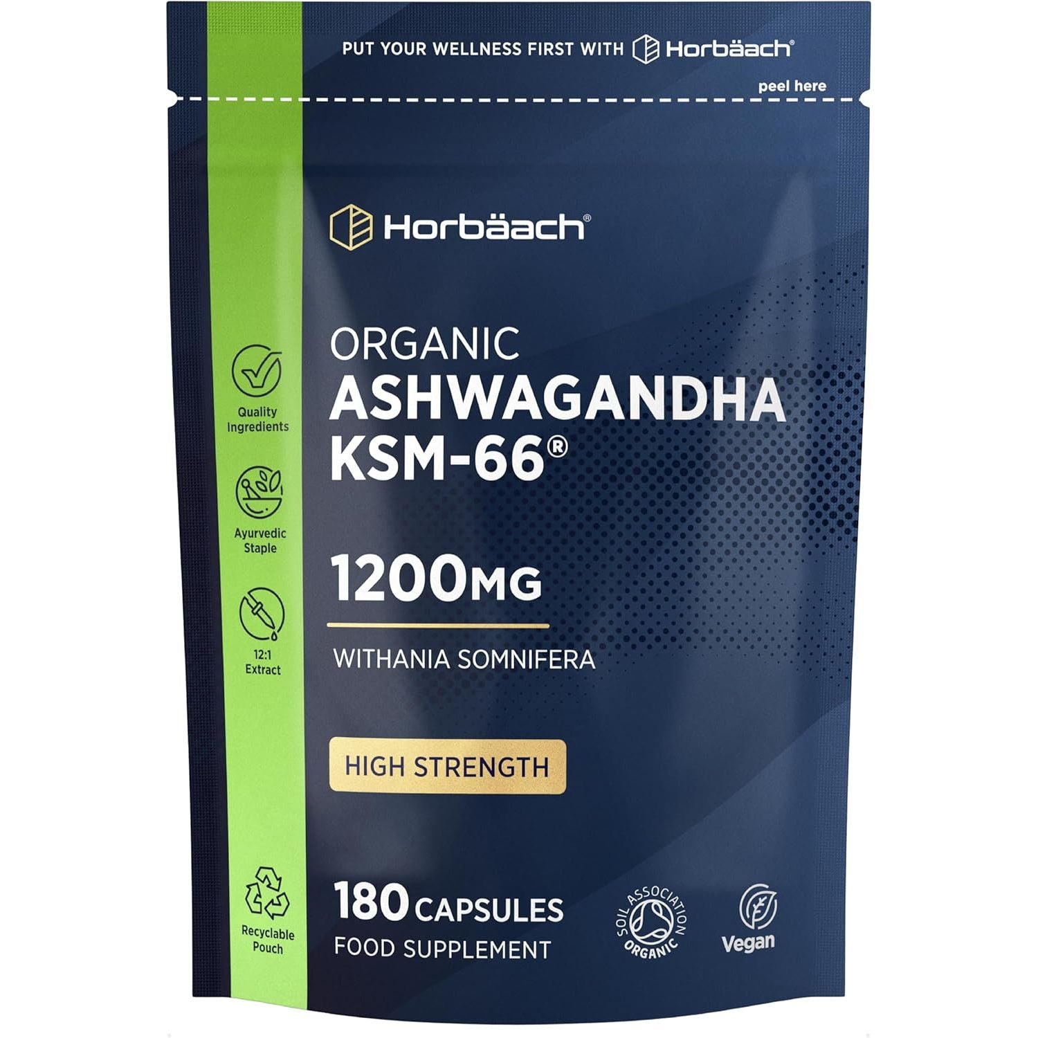 Organic Ashwagandha KSM-66® 1200Mg with 5% Withanolides | Pure Ashwagandha Root Powder | High Strength | 180 Vegan Capsules (Not Tablets) | Supplement for Men & Women | by Horbaach