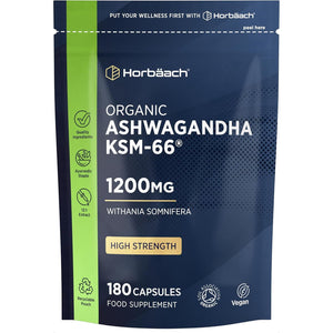 Organic Ashwagandha KSM-66® 1200Mg with 5% Withanolides | Pure Ashwagandha Root Powder | High Strength | 180 Vegan Capsules (Not Tablets) | Supplement for Men & Women | by Horbaach