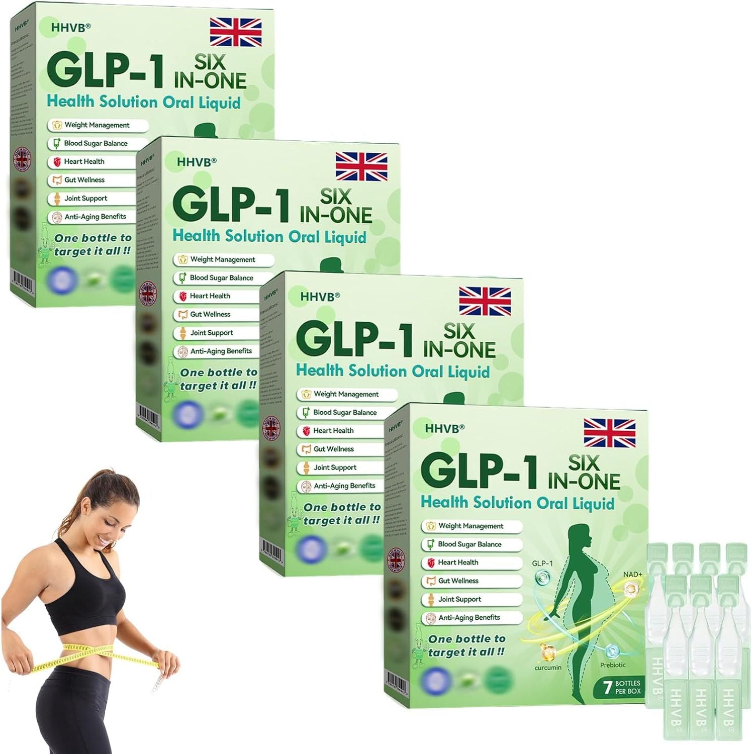 HHVB GLP-1 Six-In-One Health Solution Oral Liquid, Advanced GLP-1 Oral Liquid, HHVB GLP-1 Drops, GLP-1 Oral Solution, GLP-1 Peptide Complex Serum, Natural Plant Extract, for Men & Women (4 Box)
