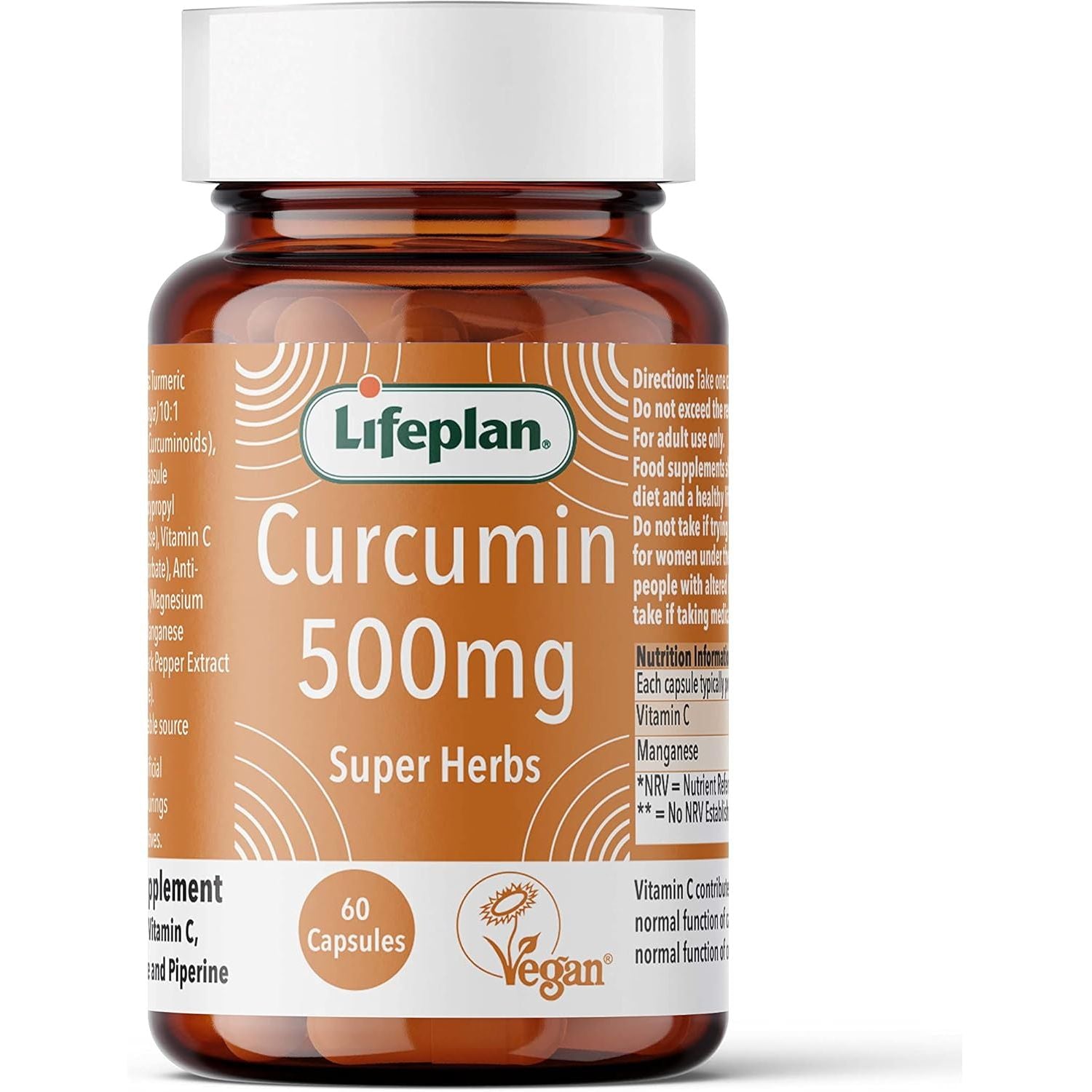 Lifeplan Super Herbs Curcumin 500Mg (60 Capsules) — with Vitamin C and Manganese and Piperine — 60-Day Supply