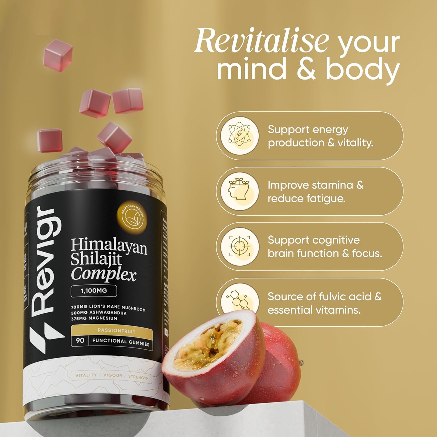 Revigr, Max Strength 2,765Mg, 90 Shilajit Gummies, Authentic Himalayan Origin + Lions Mane Mushroom, Ashwagandha, Magnesium, Zinc & Vitamin C, Vegan & Sugar-Free,Passion Fruit Flavour (45 Days Supply)