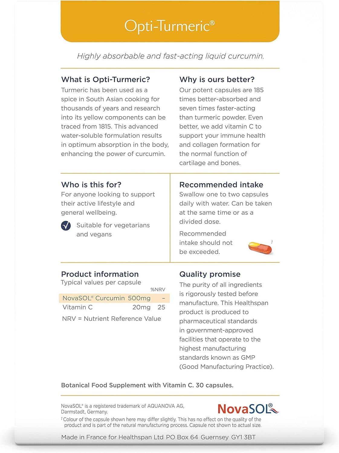 Healthspan Opti-Turmeric | High Strength 500Mg Liquid Curcumin | Supports Cartilage Formation | Immune Health | 185 Times Better Absorbed & 7 Times Faster Acting than Standard Turmeric (60 Capsules)