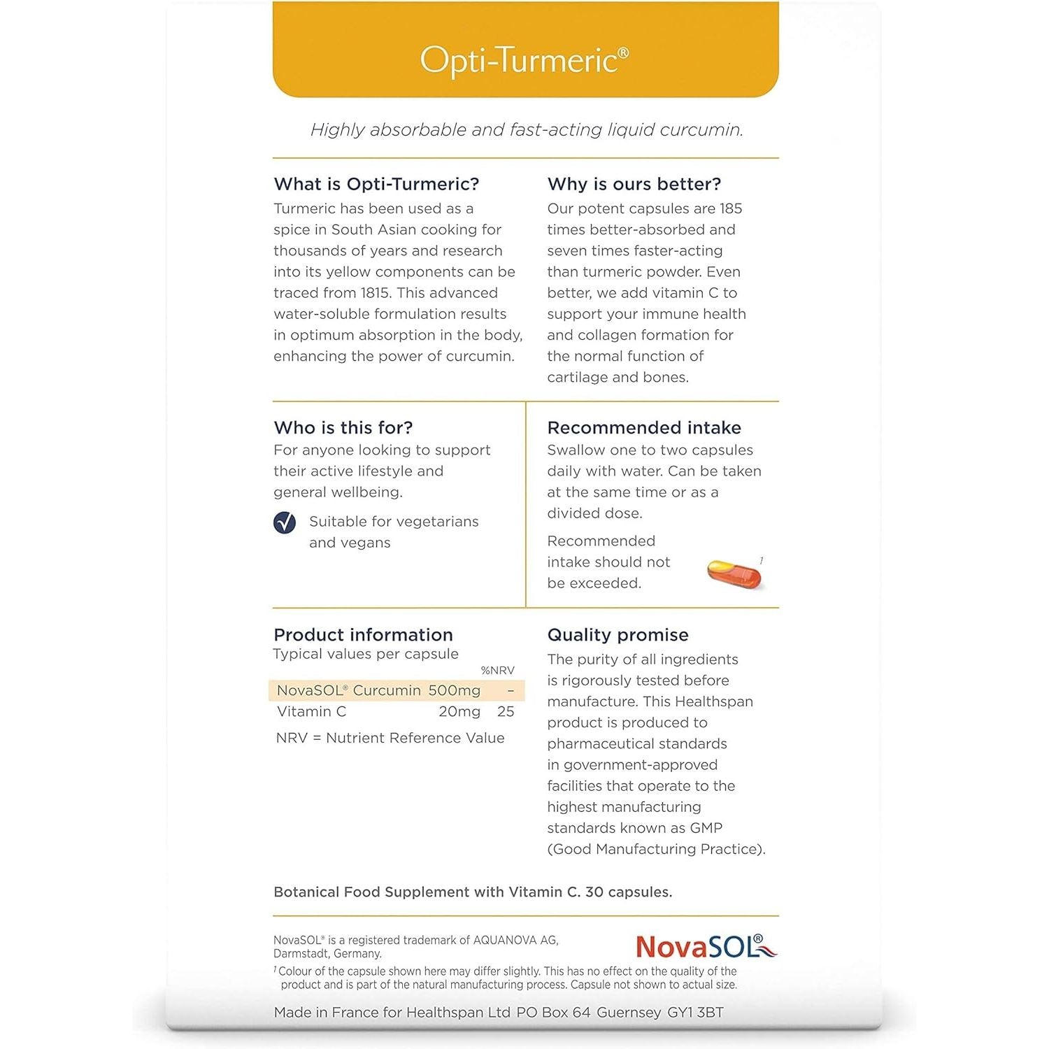 Healthspan Opti-Turmeric | High Strength 500Mg Liquid Curcumin | Supports Cartilage Formation | Immune Health | 185 Times Better Absorbed & 7 Times Faster Acting than Standard Turmeric (60 Capsules)