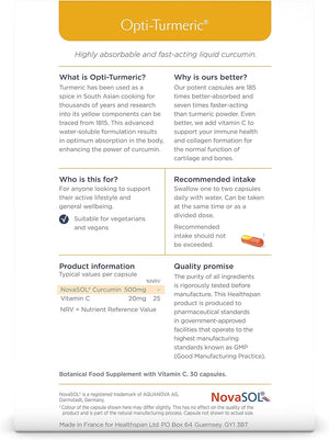 Healthspan Opti-Turmeric | High Strength 500Mg Liquid Curcumin | Supports Cartilage Formation | Immune Health | 185 Times Better Absorbed & 7 Times Faster Acting than Standard Turmeric (60 Capsules)