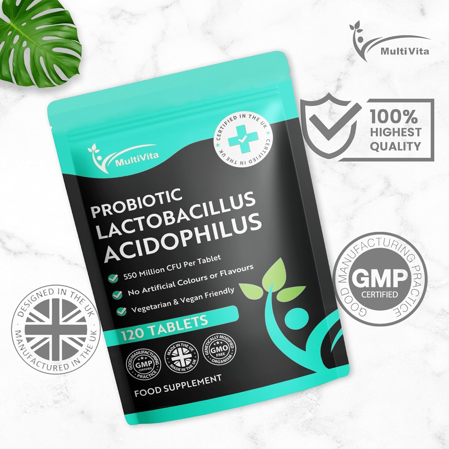 Acidophilus Lactobacillus Probiotic - 120 X 550 Million CFU Tablets - Supports Healthy Gut Microbiome & Digestion System - Reduce Bloating - Probiotic Supplements for Men & Women - Vegan and GMO Free