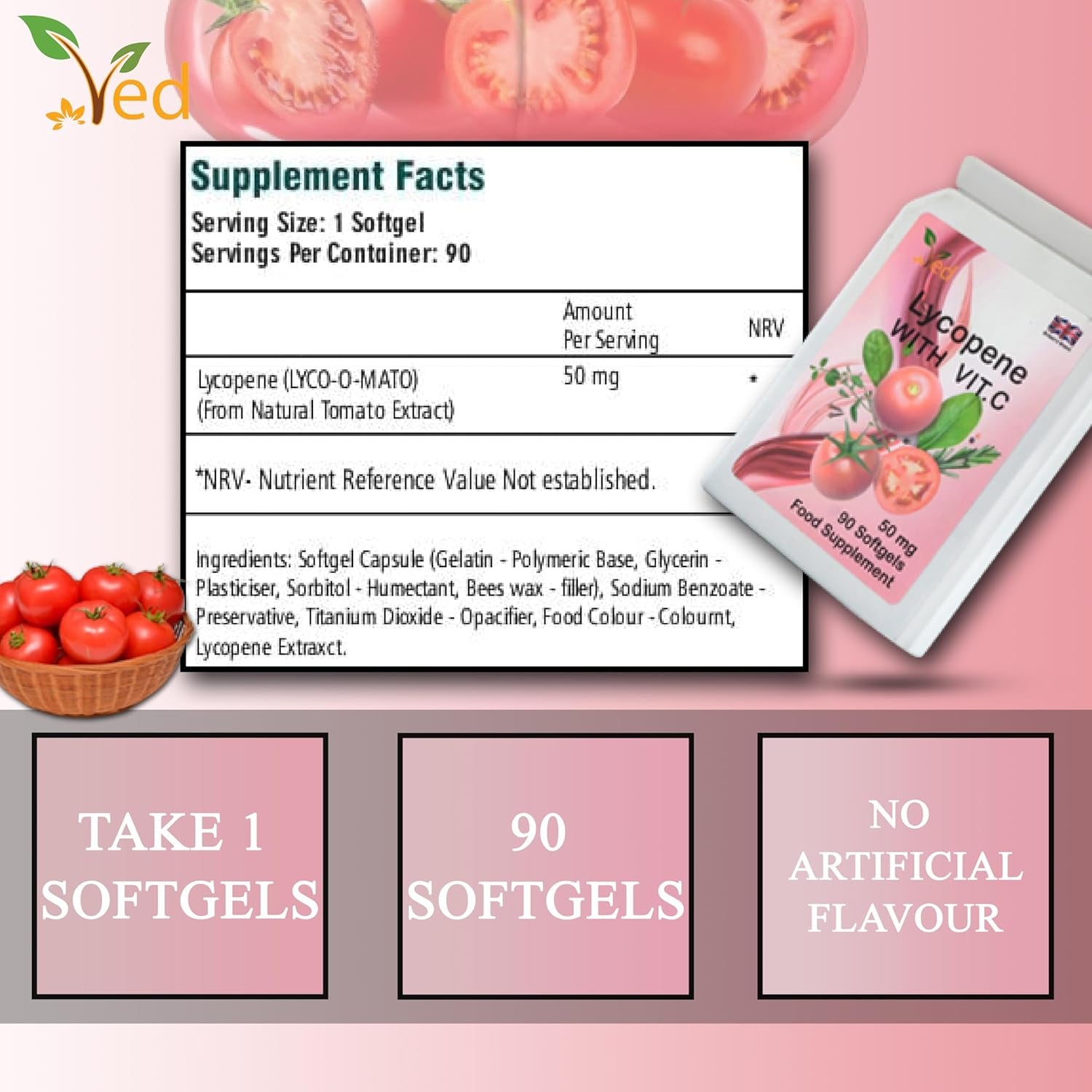 Ved Lycopene Supplement, Supports Energy Balance, Non-Gmo, High Lycopene,50Mg X 90 Softgels