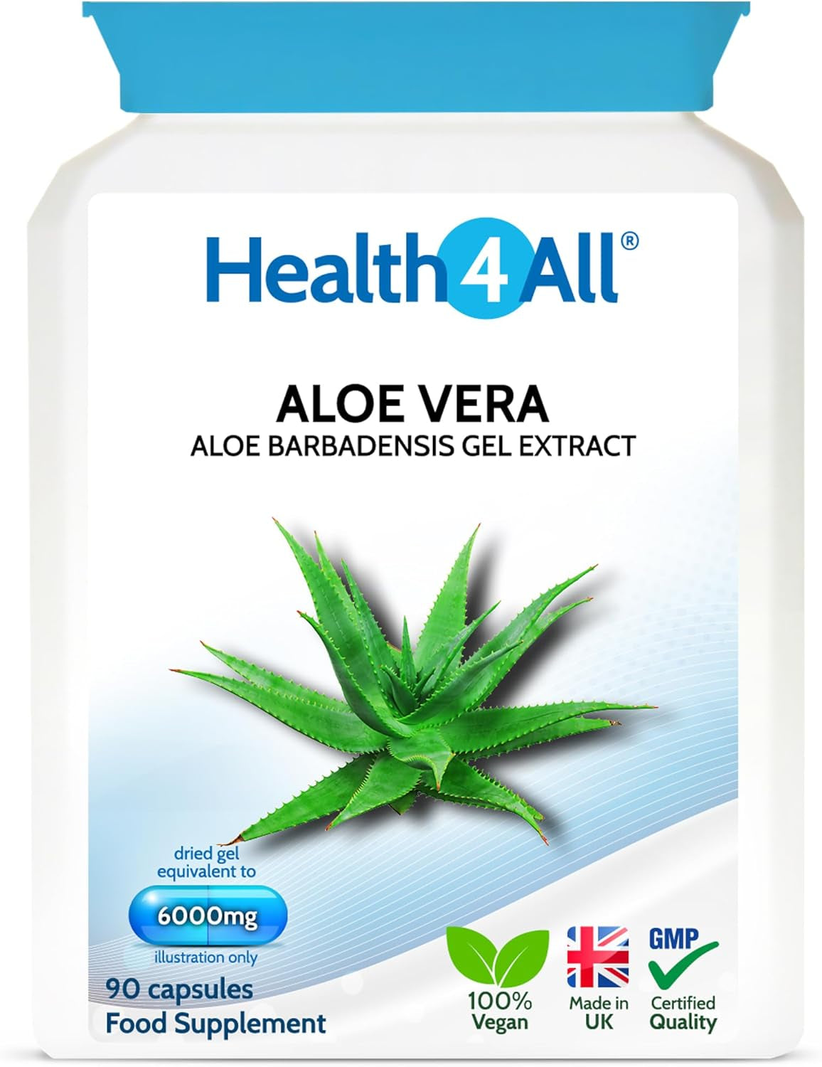 Health4All Aloe Vera Gel Extract 6000Mg 90 Capsules, Digestive Health Detox Supplement, Support for Leaky Gut, Acid-Alkaline and Ph Balance, Pure Vegan Cleanse Capsules (Not Tablets) | Made in UK