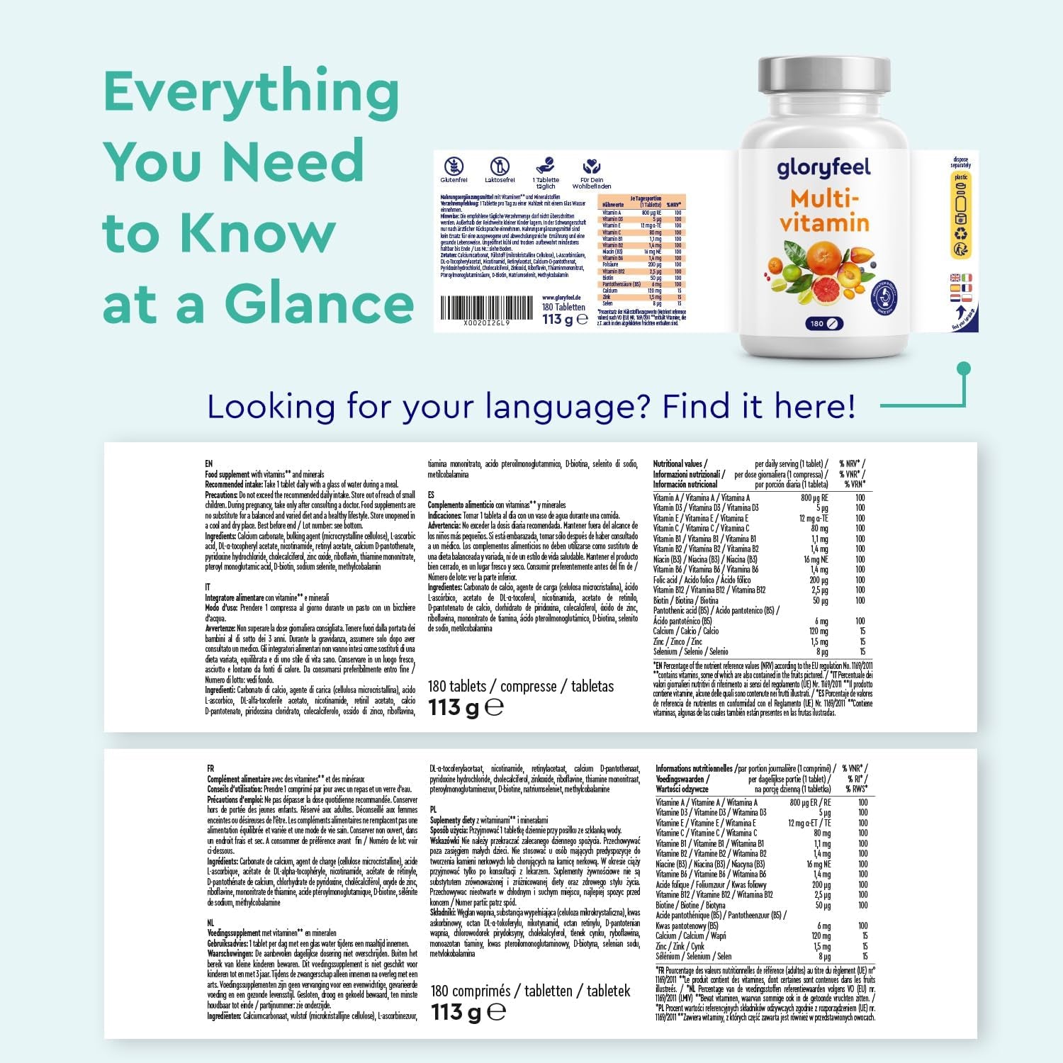 Multivitamin Tablets for Men & Women - 180 High Strength Multivitamins & Minerals Tablets - A-Z Multi Vitamins Supplements - Made in Germany