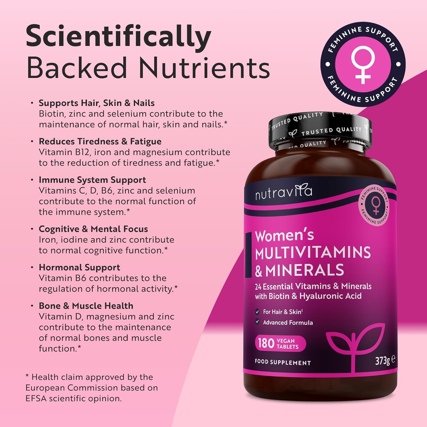 Women'S Multivitamins and Minerals - 24 Essential Active Vitamins and Minerals with Added Hyaluronic Acid - 180 Vegan Tablets - No Synthetic Fillers or Binders - Made in the UK by Nutravita