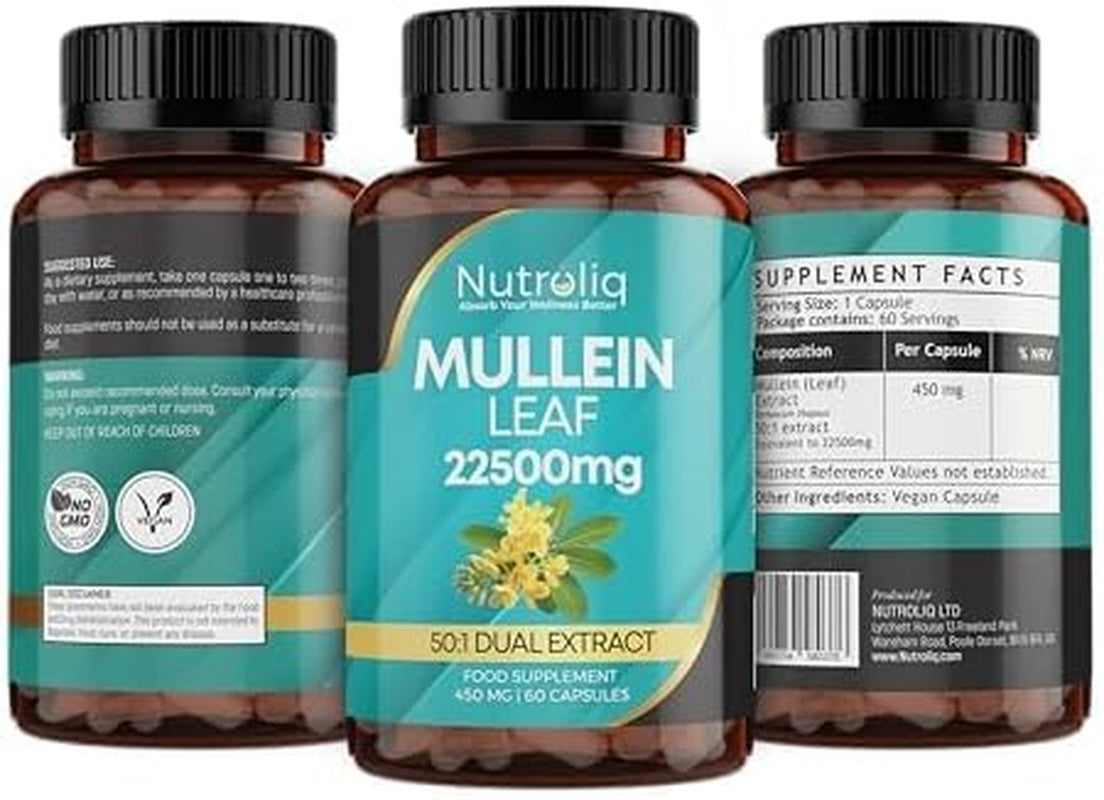 Nutroliq Mullein Leaf 50:1 Extract - Vegan, Non-Gmo Digestive Wellness & Sleep Support Supplement, 450Mg per Capsule, 60 Capsules (2-Month Supply)