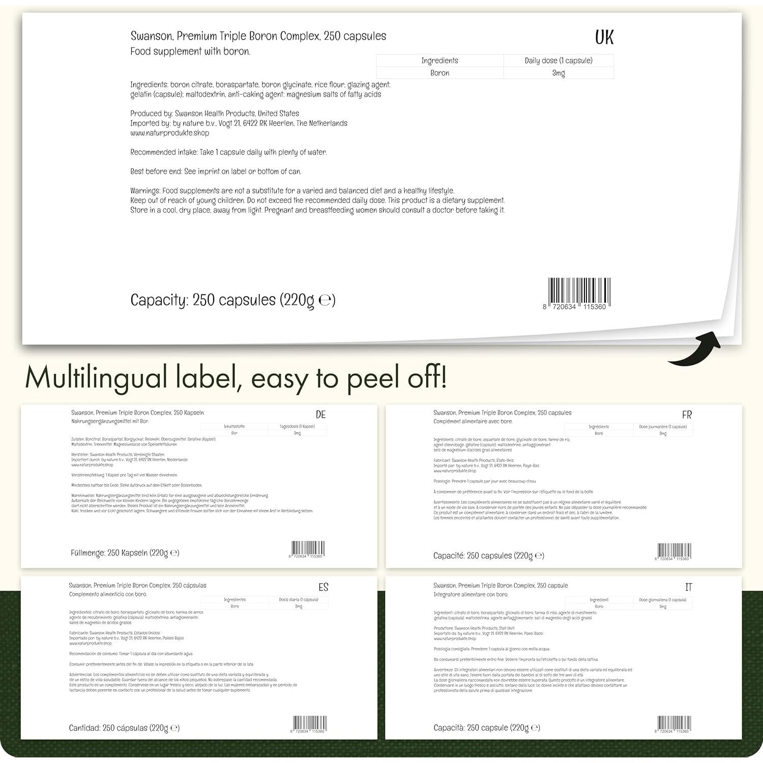 Swanson, Premium Triple Boron Complex (Boron Complex), 3Mg, 250 Capsules, High Strength, SOYA Free, Gluten Free, Non-Gmo