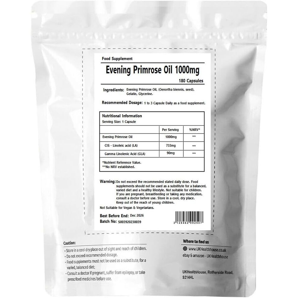 Ukhealthhouse Evening Primrose Oil – EPO Capsules, 1000Mg X 180 Softgels – High Strength Omega 6 GLA Content – Great for Skin, Immune System, Hormonal Pain, Hot Flushes & Women’S Health