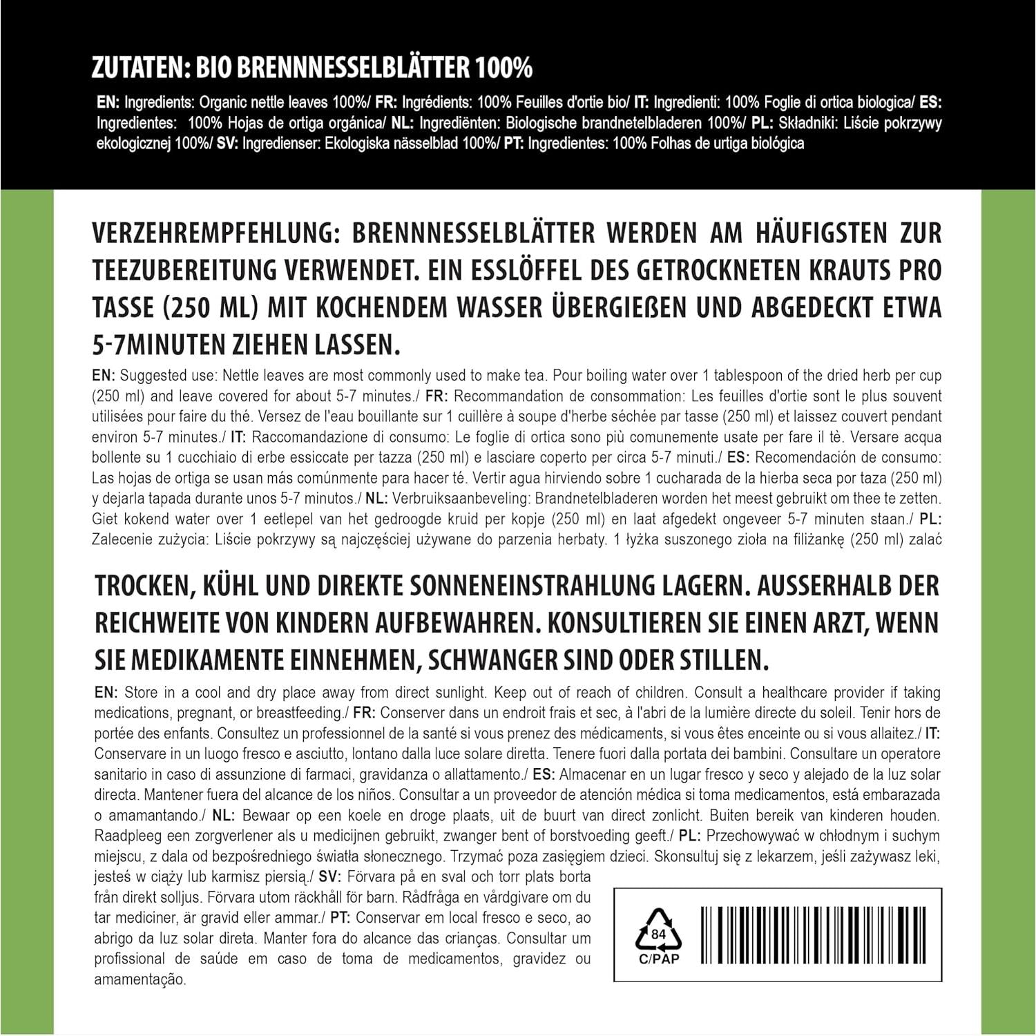 Alpi Nature Organic Nettle Tea 125G 4.4 Oz, Dried and Cut Nettle Leaves, Loose Leaf Tea