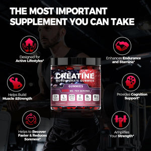 Creatine Monohydrate Gummies, 8000Mg Complex, 120 Count, Sugar-Free with BCAA, L-Carnitine, Taurine and Vitamins, for Muscle Strength and Recovery