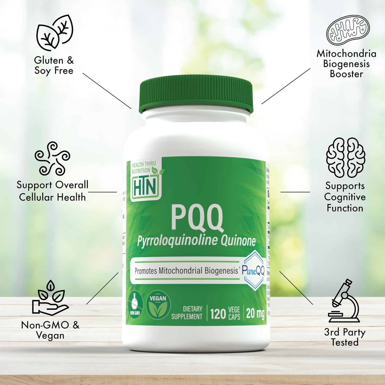 PQQ 20Mg Pyrroloquinoline Quinone as Pureqq | Vegan Certified, Non-Gmo Gluten Free | by Health Thru Nutrition (Pack of 120)